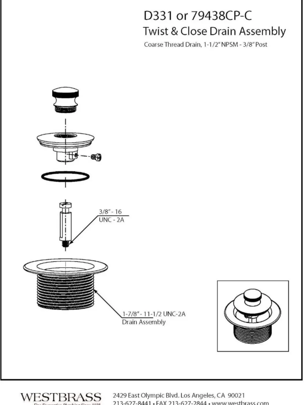 Stainless Steel Twist & Close Bath Drain 1-1/2” NPSM Coarse Thread, Durable